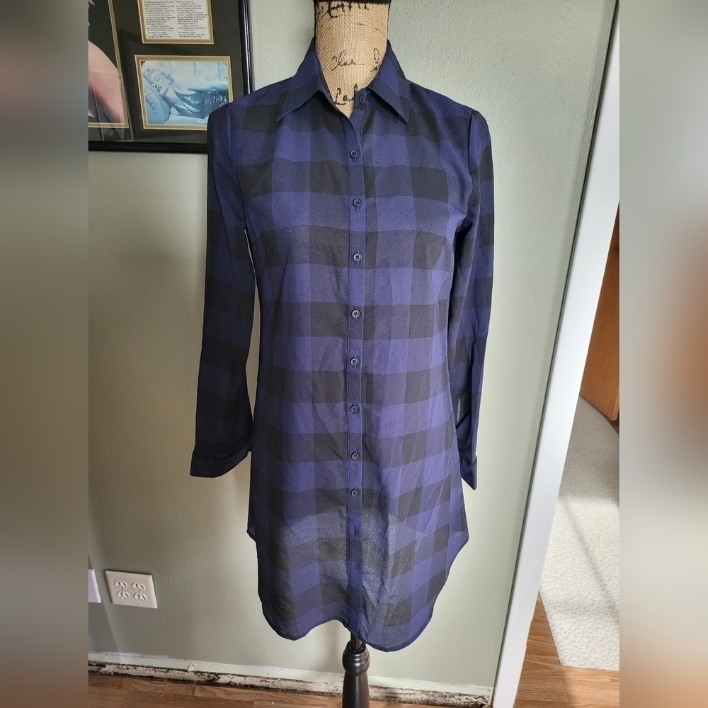 BB Dakota by Steve Madden Semi Sheer Buffalo Check Navy Tunic